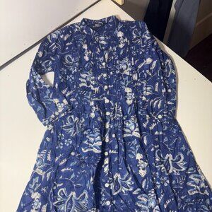 Madison Mathews 100% Cotton Blue White Long Sleeve Tunic Dress Floral XS Button